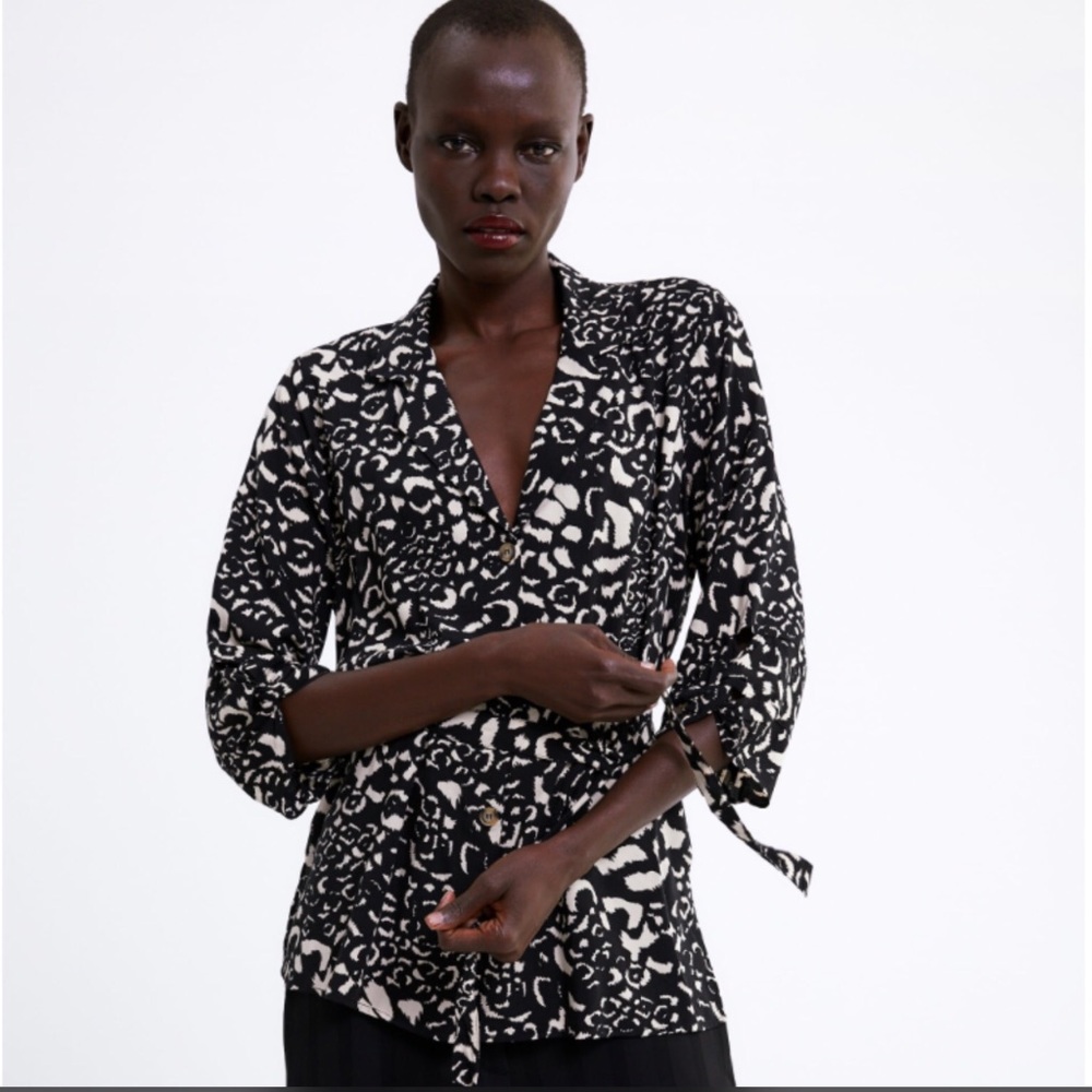 Zara NWT Animal Print Black and White Blouse